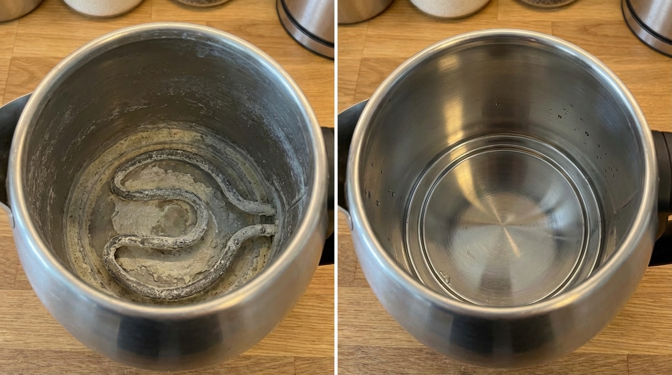 Inside of an electric kettle before and after descaling
