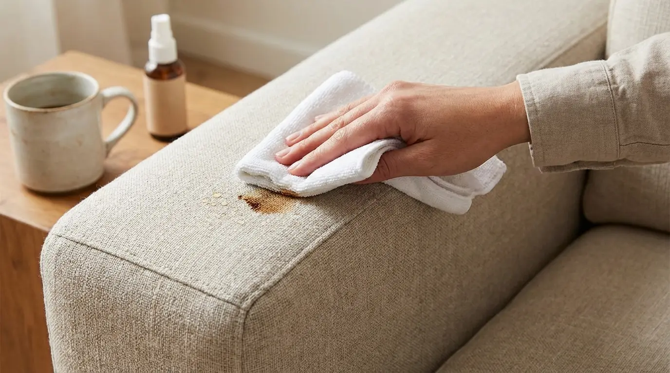 Blotting a small stain on a fabric sofa with a microfiber cloth