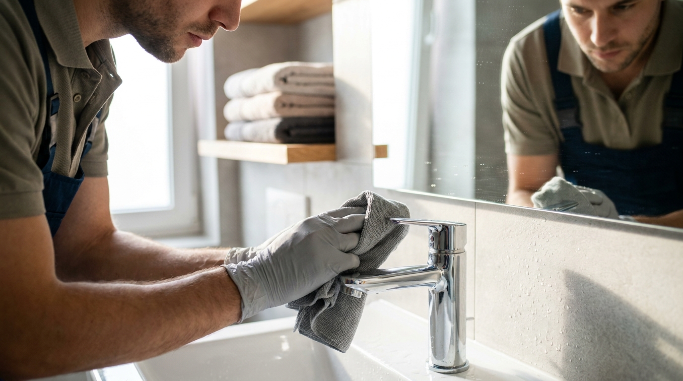 Close check of a bathroom faucet and mirror during the final apartment clean