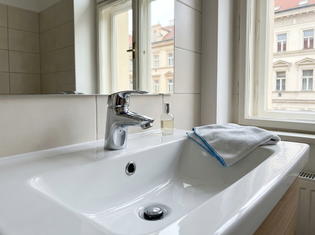 Clean bathroom sink, mirror and chrome tap ready for apartment photos