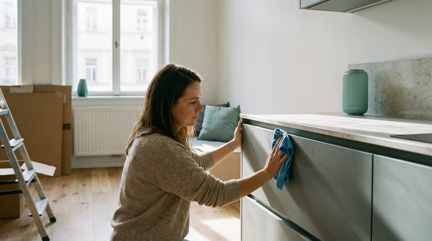 Careful cleaning of a new kitchen cabinet and countertop with a damp microfiber cloth after renovation