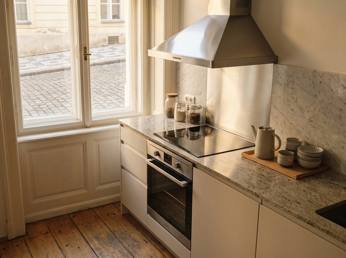 Prepared kitchen counter with clean surfaces and reduced clutter before a property shoot