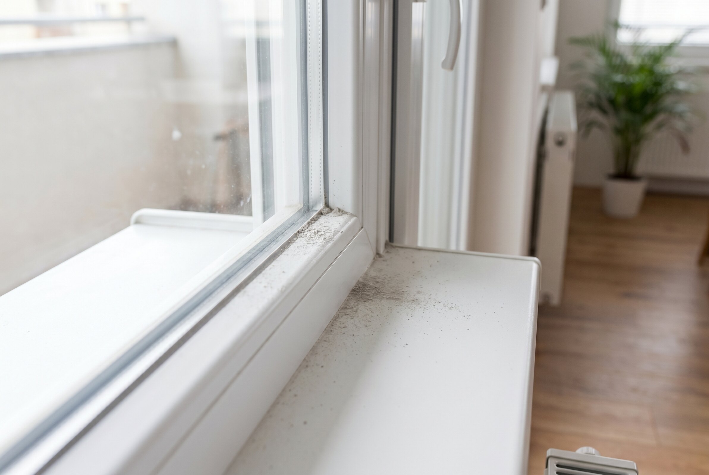 Fine renovation dust collected on a windowsill and frame after building work
