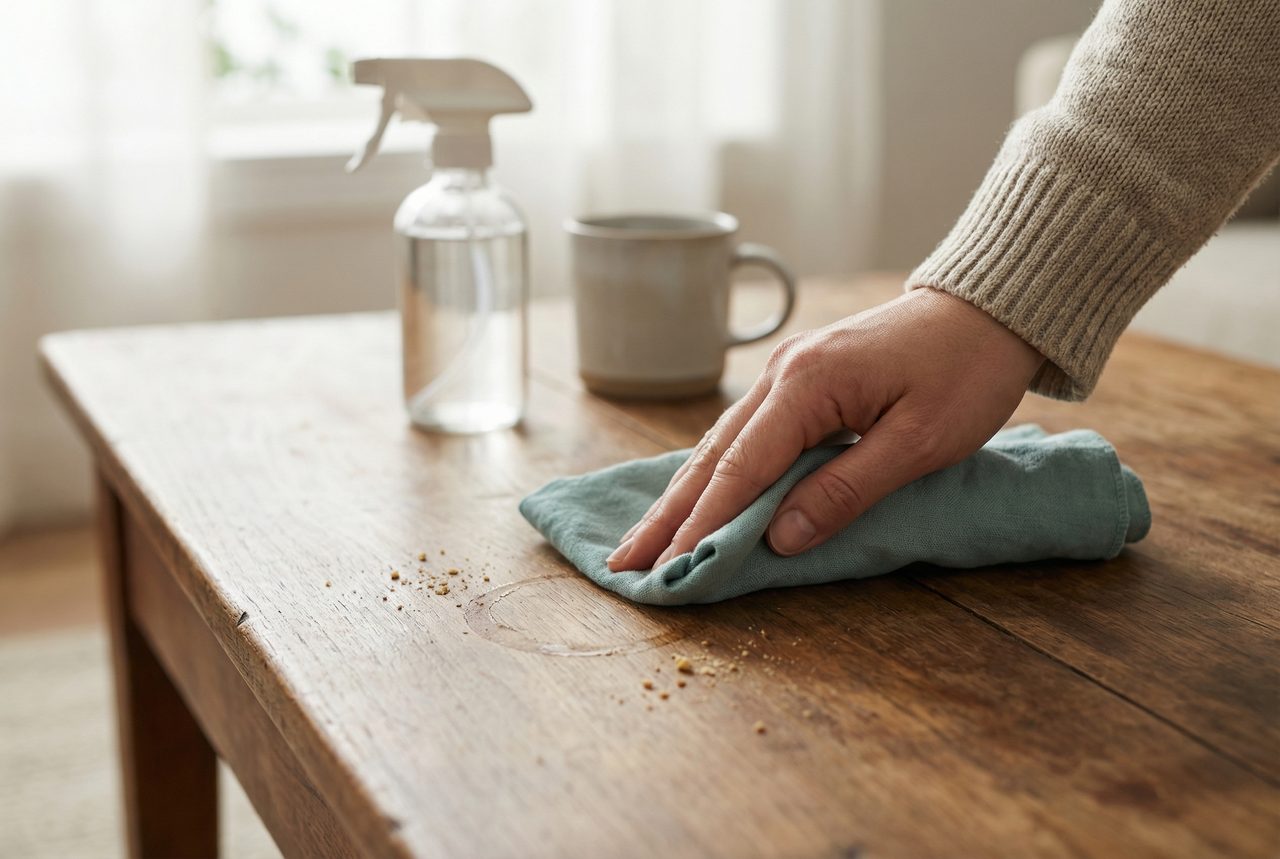 A soft cloth gently wiping a coffee ring and light residue from a wooden table in warm morning light.