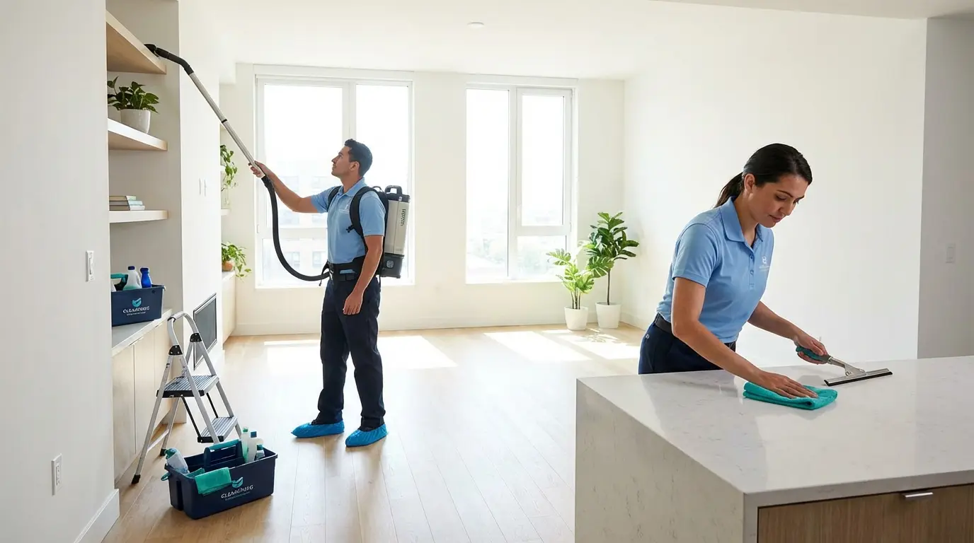 Professional team handling post-renovation cleaning with a HEPA vacuum and detail tools in an apartment