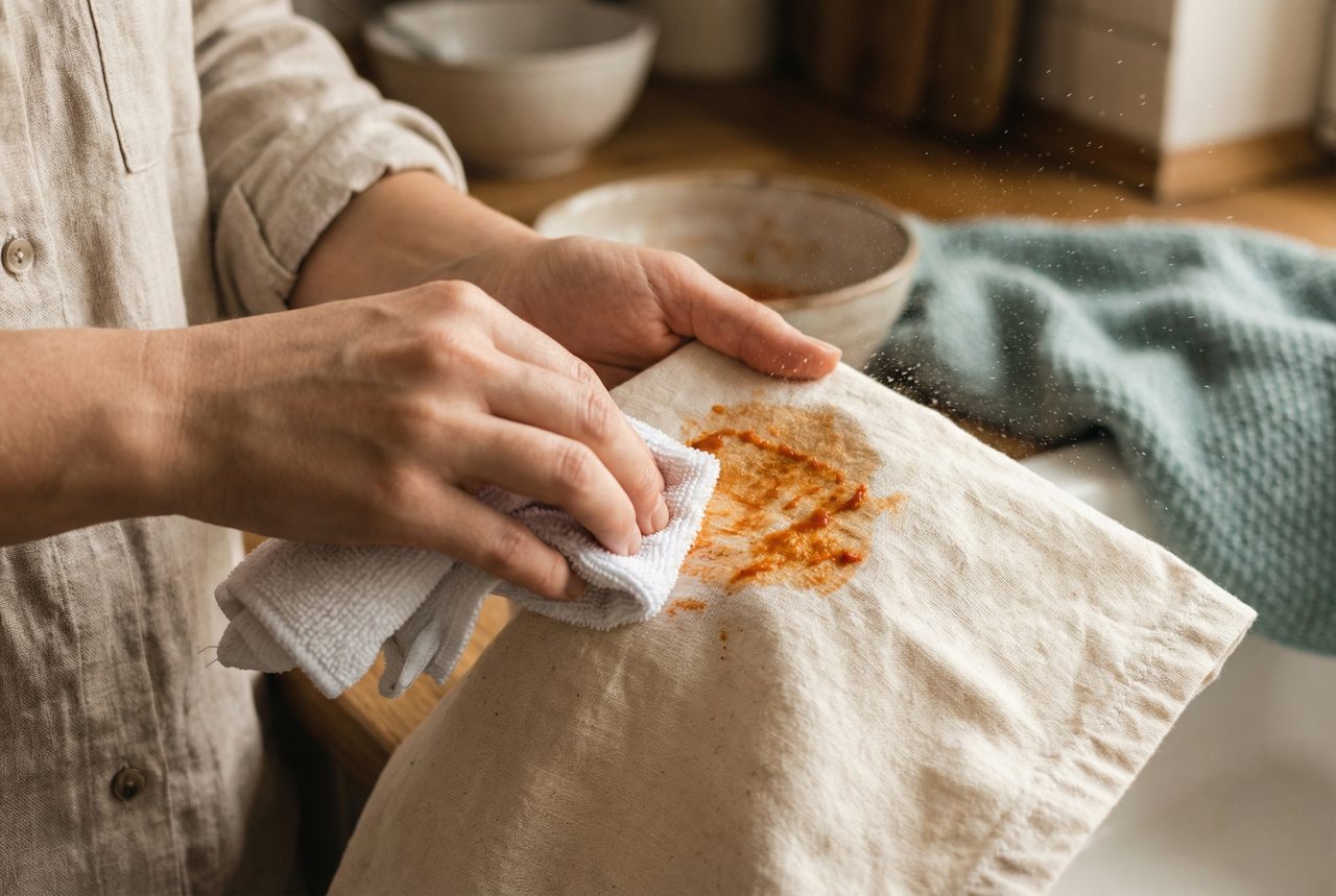 Hands gently softening a dried tomato sauce stain on pale fabric with a damp white microfiber cloth.