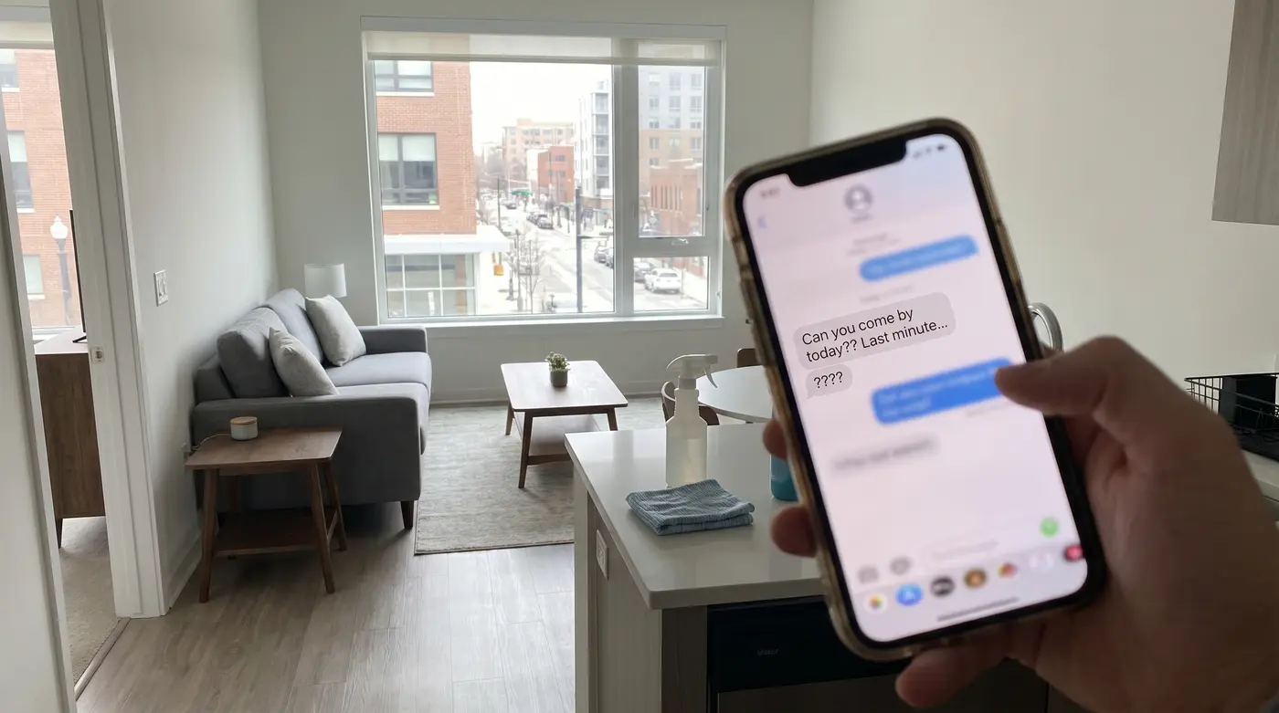 Professional cleaner meeting a new client at the apartment door