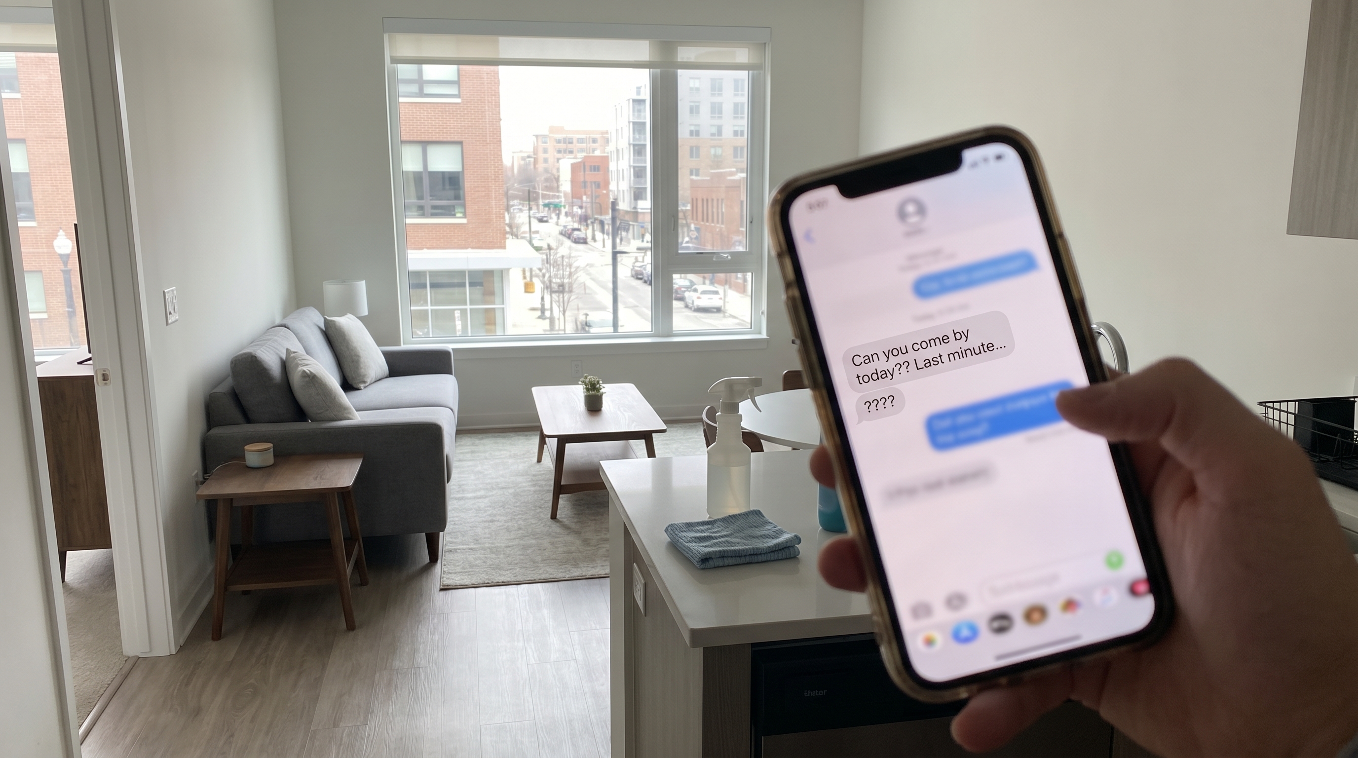 Professional cleaner meeting a new client at the apartment door