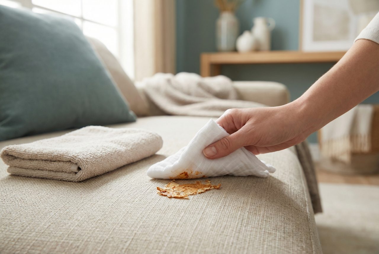 A white cloth carefully blotting a dried baby food stain from beige upholstery while a dry towel sits nearby to absorb moisture.