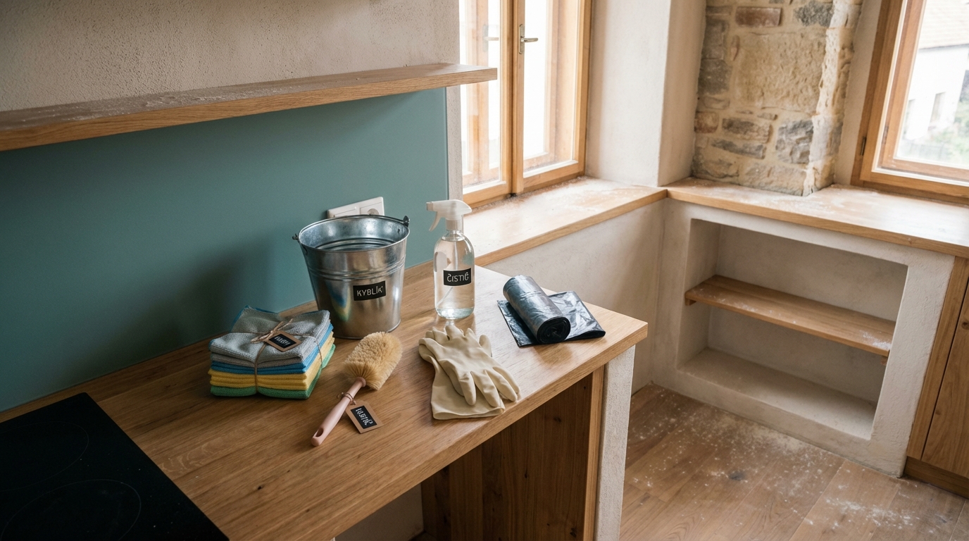 DIY post-renovation cleaning kit with microfiber cloths, gloves, spray bottle and bags in a clean kitchen