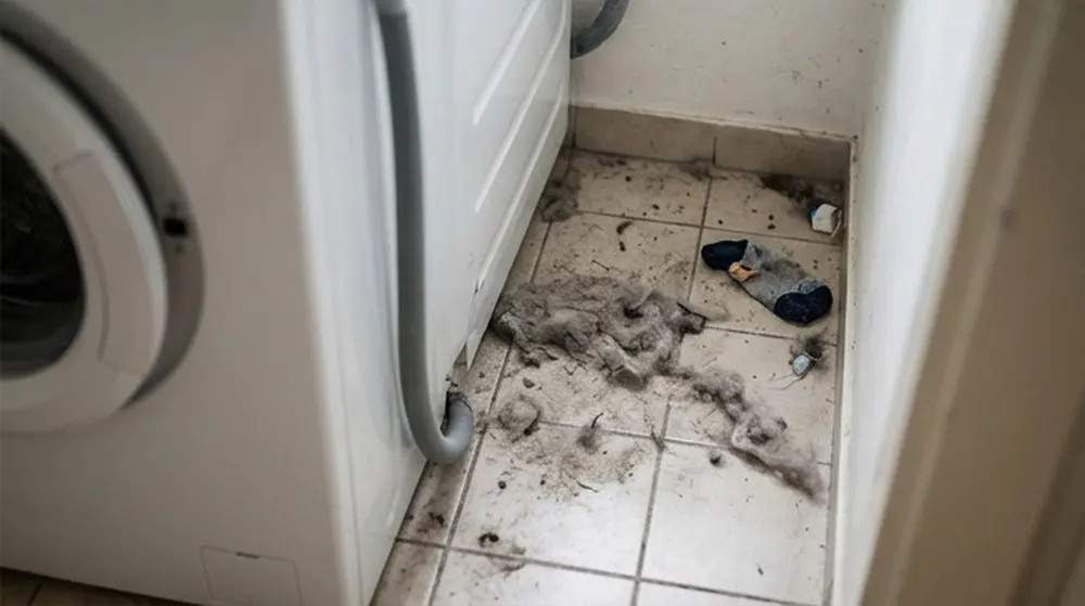 Prostor za spotřebičem po odsunutí ukazuje prach a místa, která běžný úklid míjí