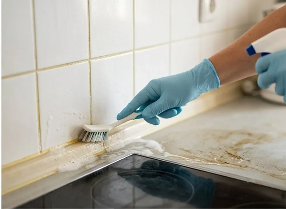 Detail kuchyňské linky při důkladném čištění mastnoty kolem varné desky