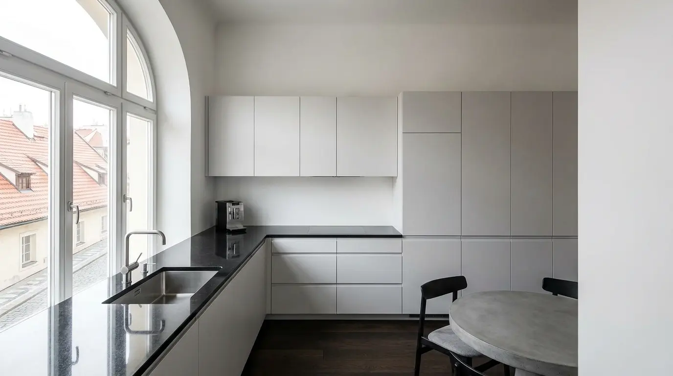 Moderní minimalistická kuchyně v pražském bytě zalitá přirozeným světlem.