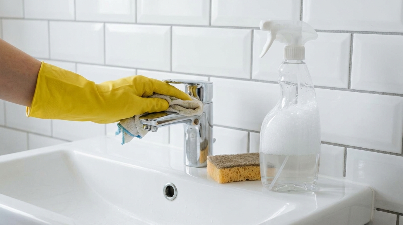 Bathroom detail cleaning with gloves and spray