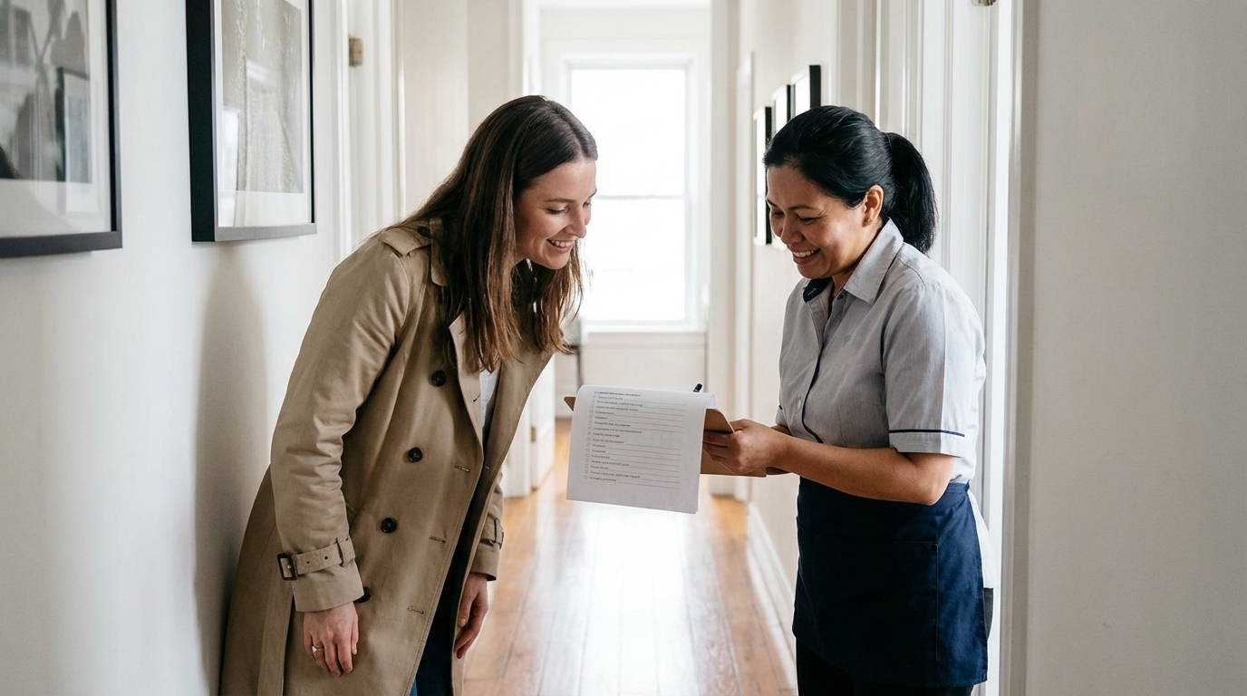 Client and cleaner reviewing the cleaning scope before service
