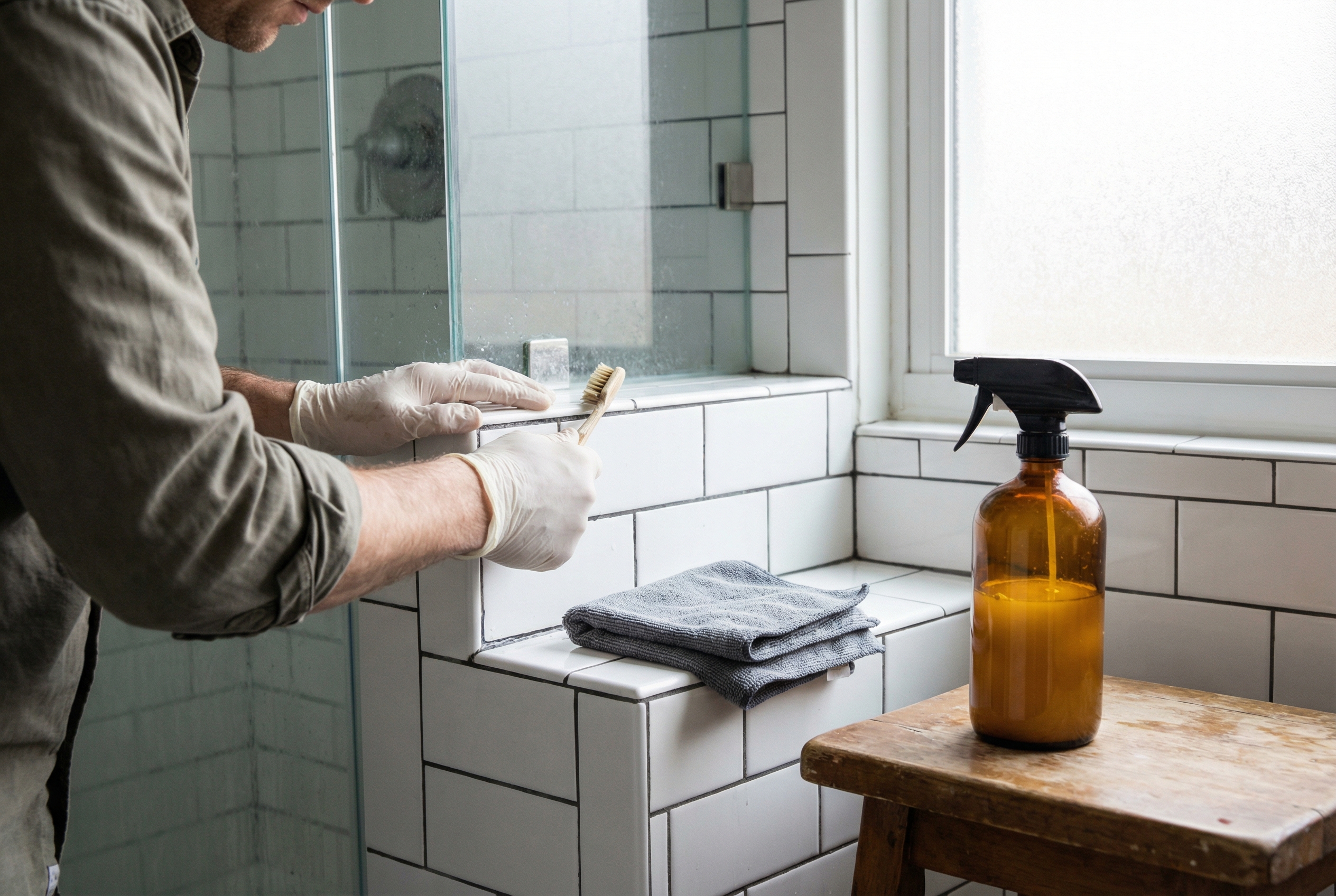 Cleaning shower grout with a soft brush and microfiber cloth in a tiled shower corner