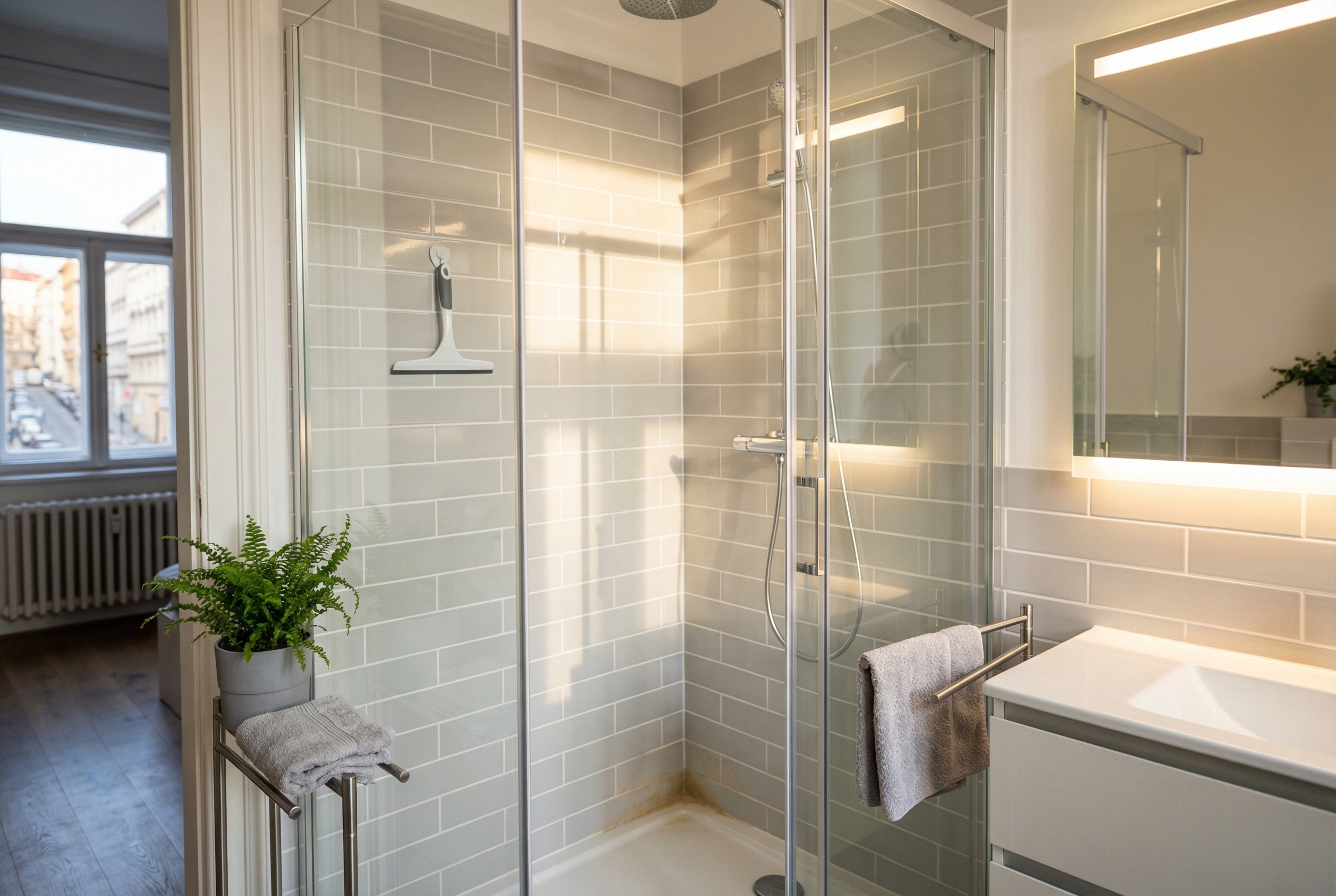 Freshly cleaned shower grout after maintenance, bright and dry tile joints