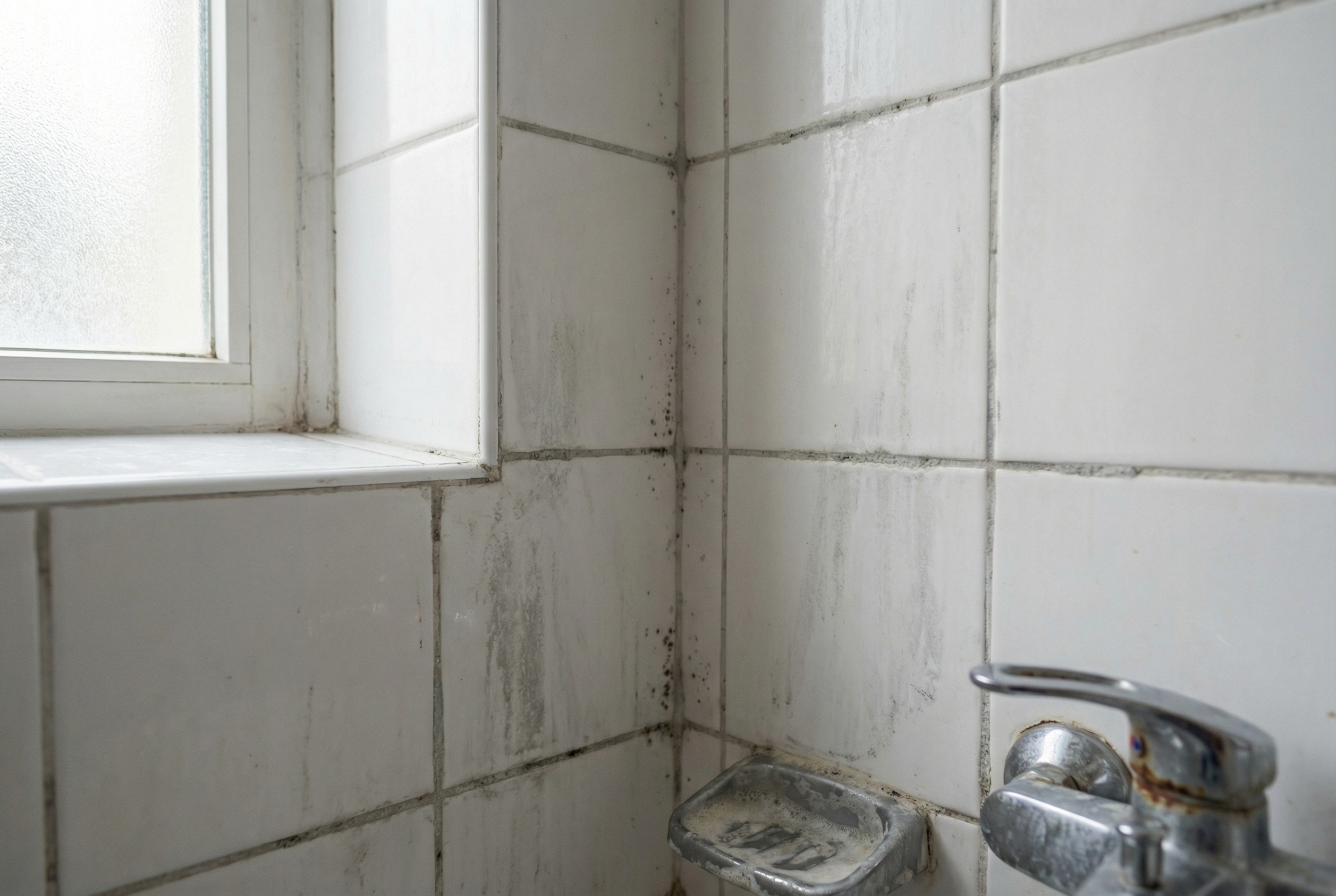 Dirty shower grout before cleaning, with visible grey buildup in the corners