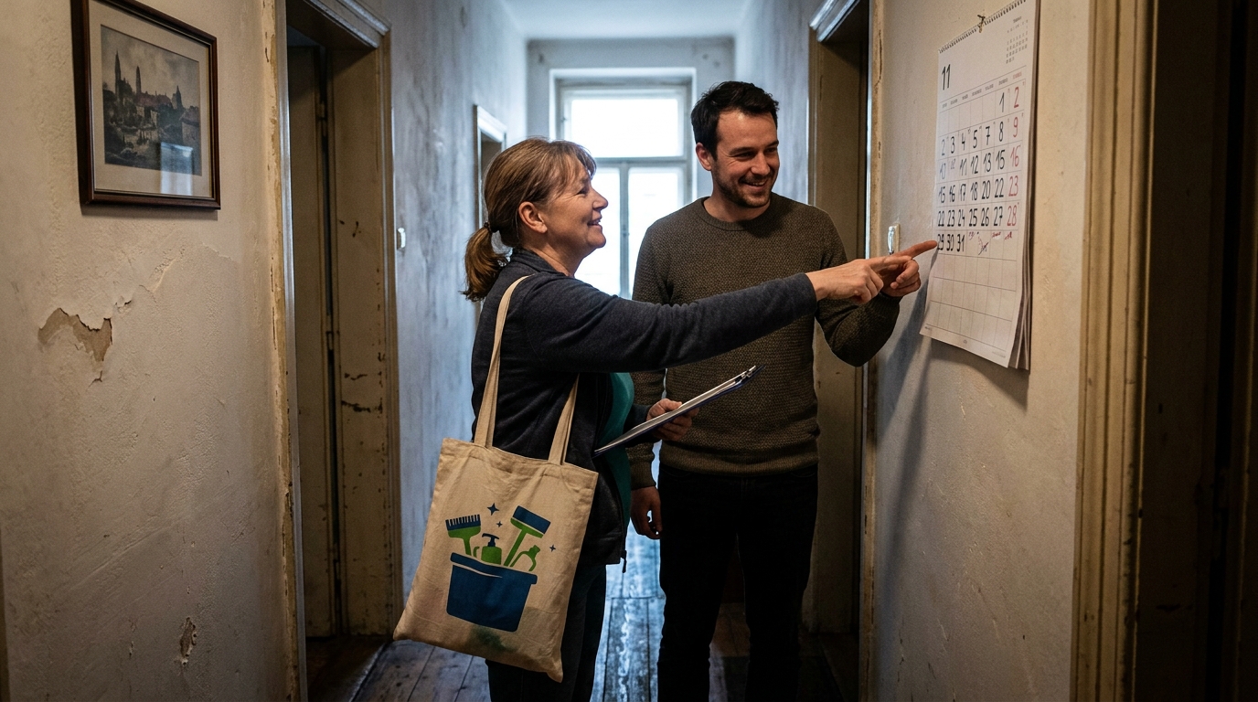 Cleaner and homeowner discussing a recurring schedule in a Prague apartment building