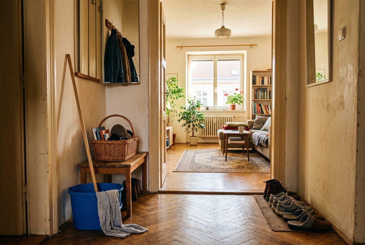 Living room with clear floors and surfaces before a professional cleaner arrives