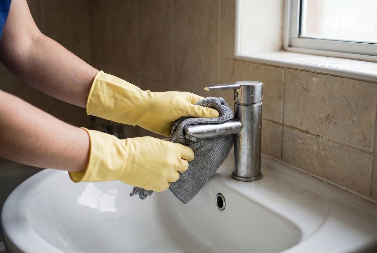 Professional cleaner wiping a bathroom sink and chrome faucet