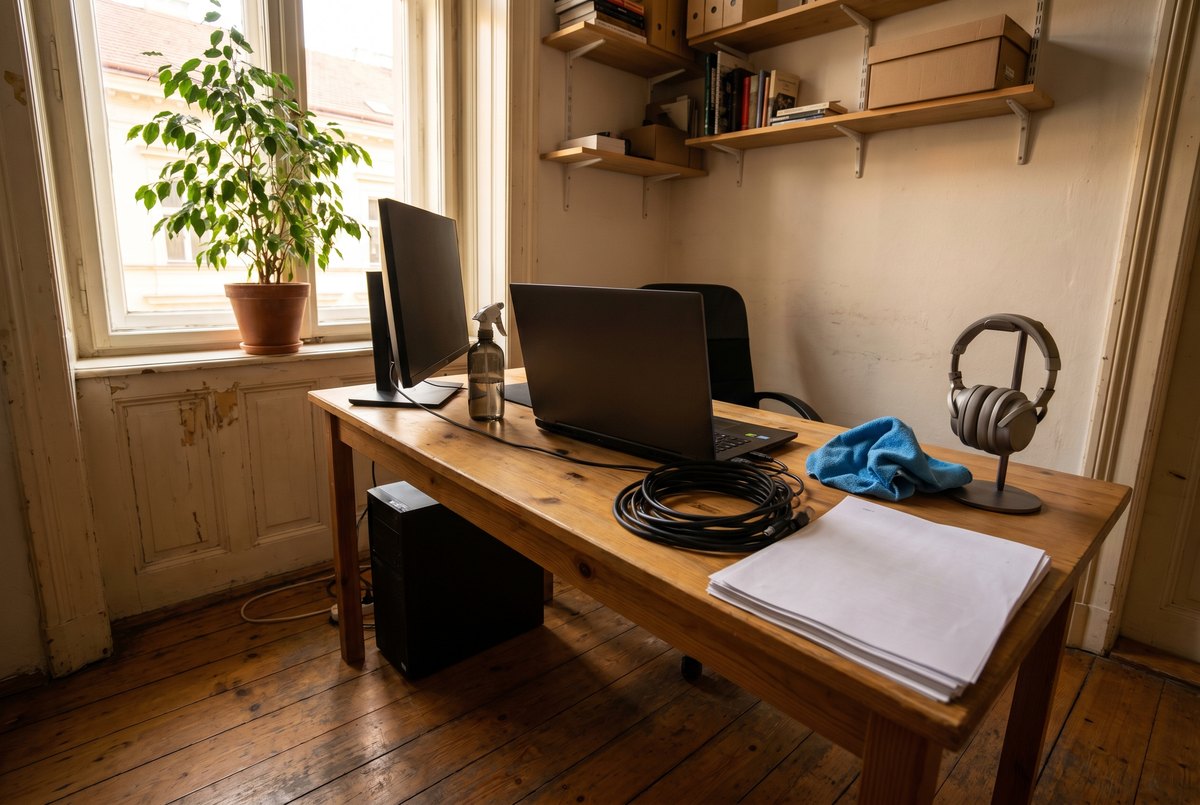 Home office corner with electronics arranged and surfaces ready for careful cleaning
