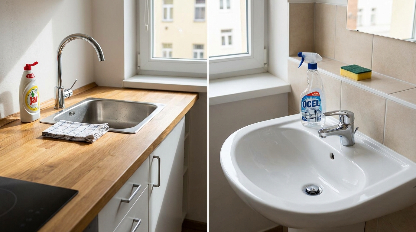 Clean bathroom and kitchen counter prepared for efficient recurring cleaning