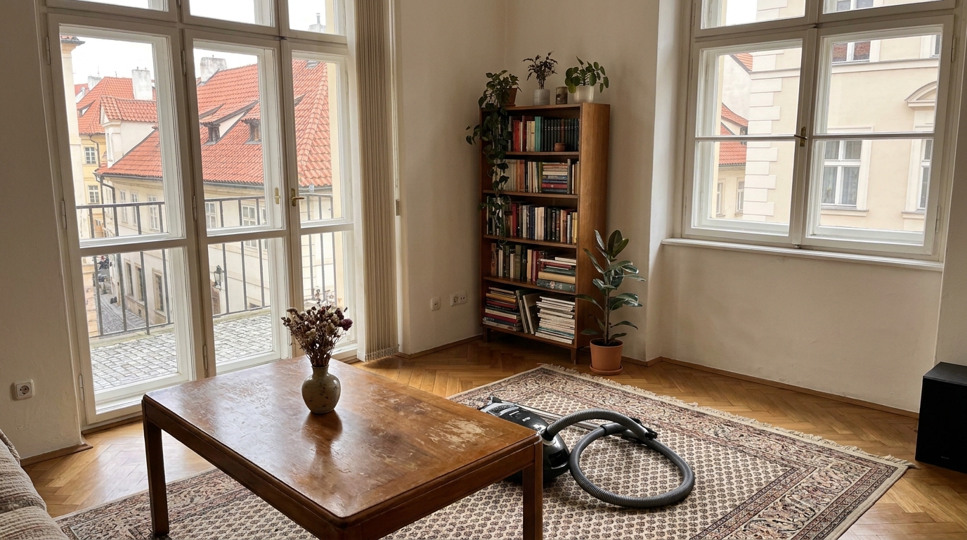 Bright living room with cleared surfaces before a recurring cleaner arrives