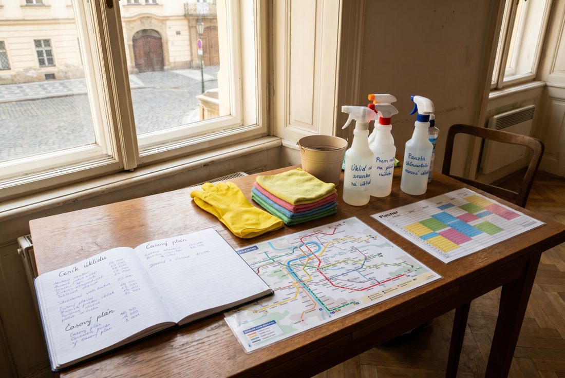 Cleaning supplies, a work notebook, and job planning notes show the real costs behind a fair quote.