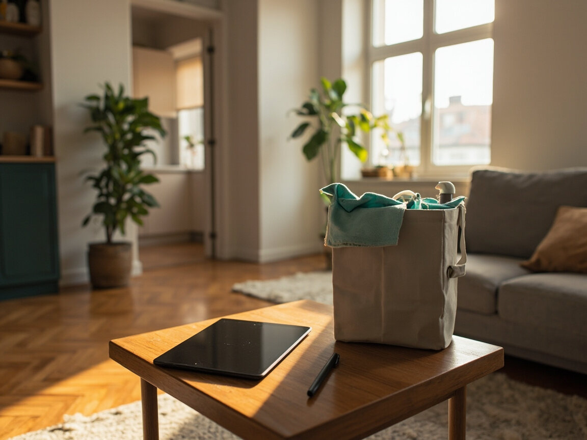A cleaner walks through a flat before quoting, estimating the real scope of the kitchen and bathroom work.