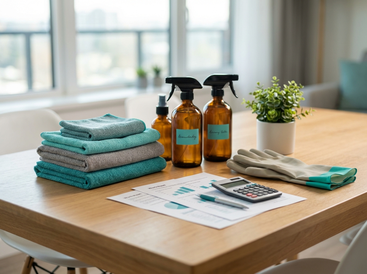 Cleaning supplies, cloths, gloves, a calculator and planning notes laid out on a table.
