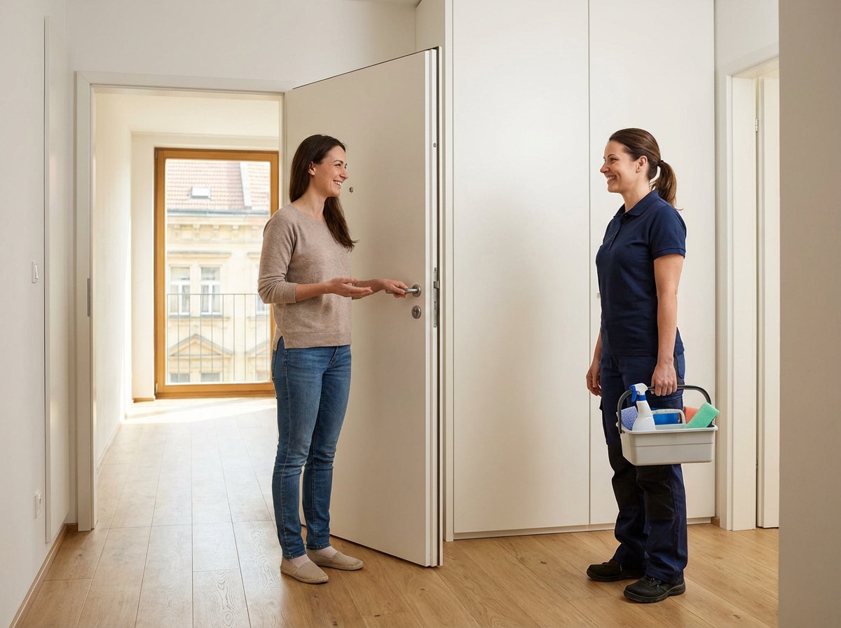 A client welcomes a professional cleaner at the apartment door.