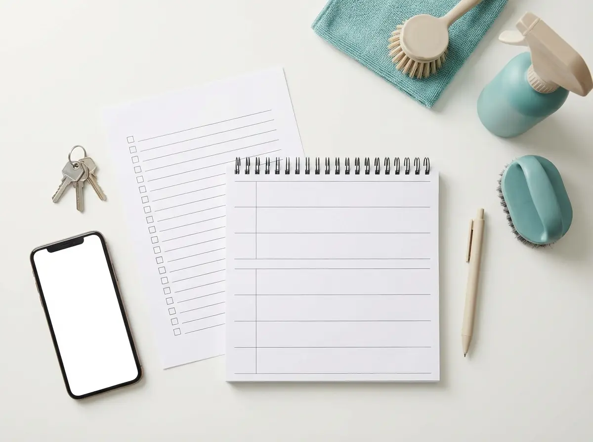 Checklist, calendar, phone, keys and cleaning tools prepared for scheduling jobs.