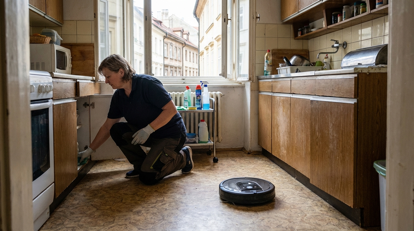 Cleaner checks kitchen details by hand while automation handles the repetitive floor work