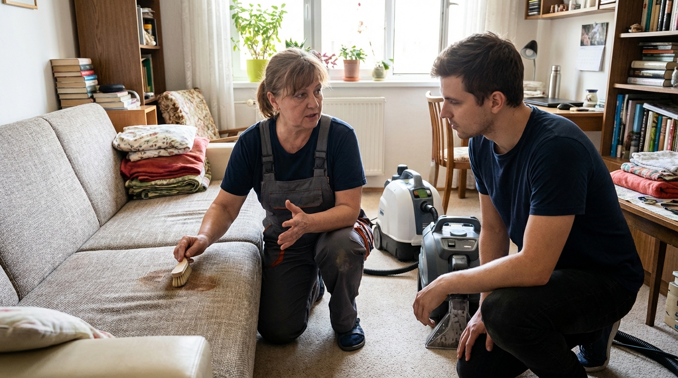 Small cleaning business owner trains a colleague in hands-on stain treatment and surface care