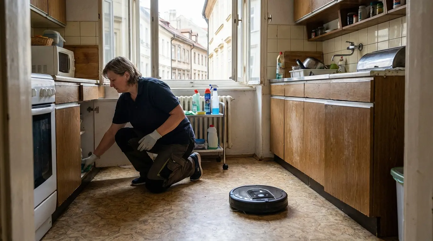 Uklízečka kontroluje detaily v kuchyni, zatímco automatizace řeší rutinní plochy