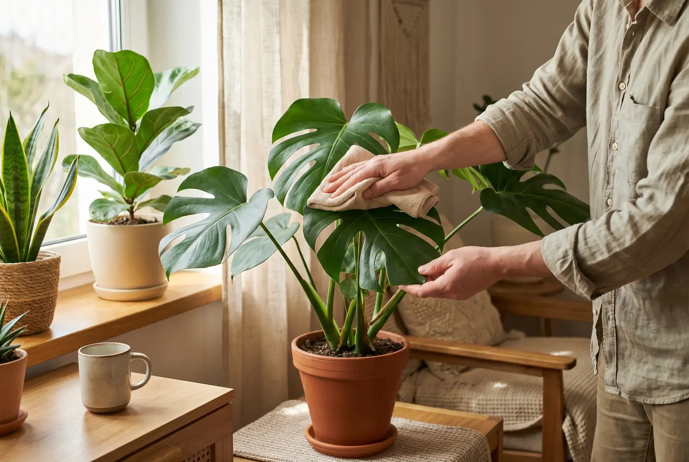 How to clean houseplants after winter Ruční čištění listů pokojových rostlin u okna během jarní péče