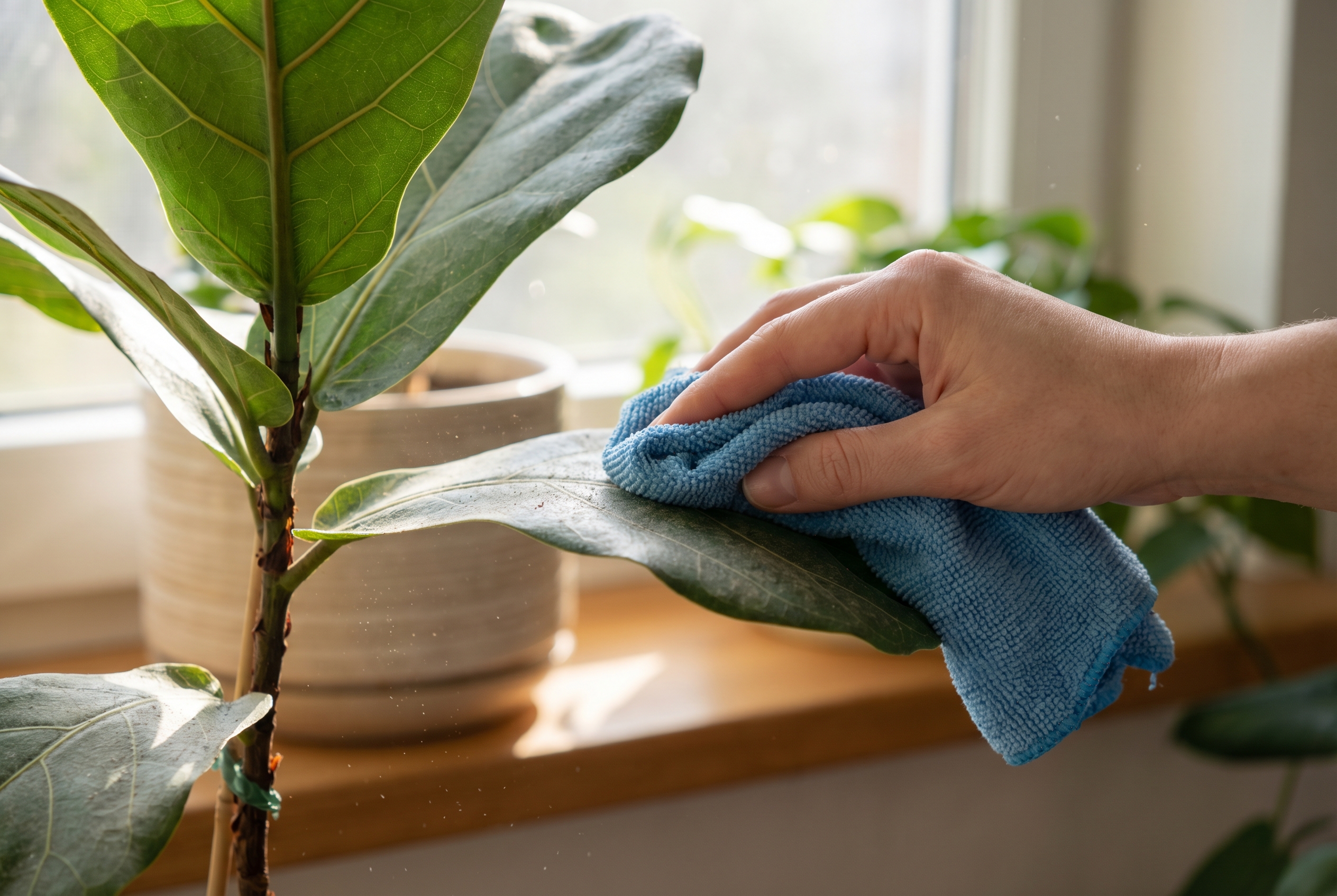 Otírání prachu z listů pokojové rostliny měkkým hadříkem