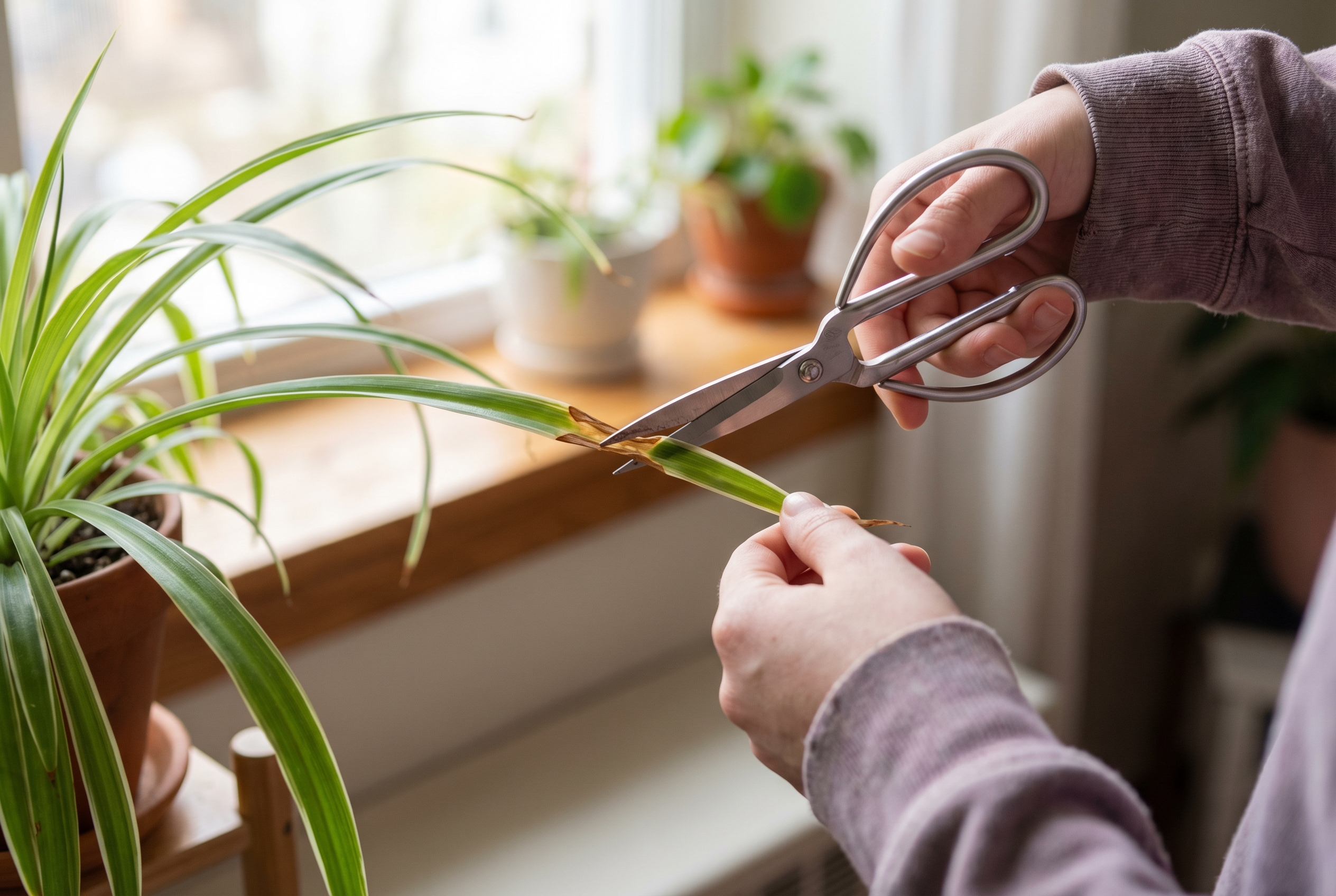 Zastřižení suchých hnědých špiček listů čistými nůžkami