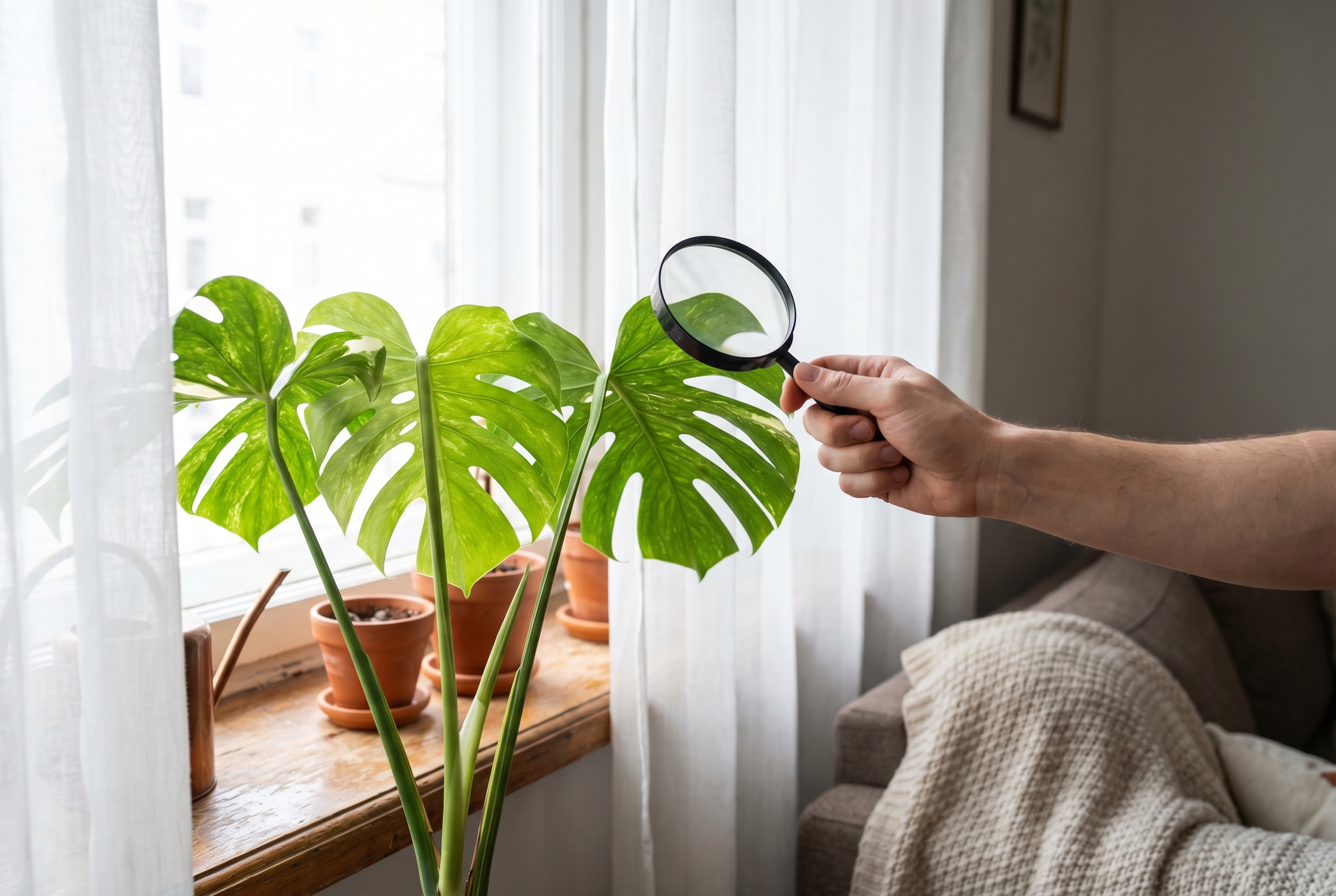 Kontrola spodní strany listů pokojové rostliny kvůli škůdcům