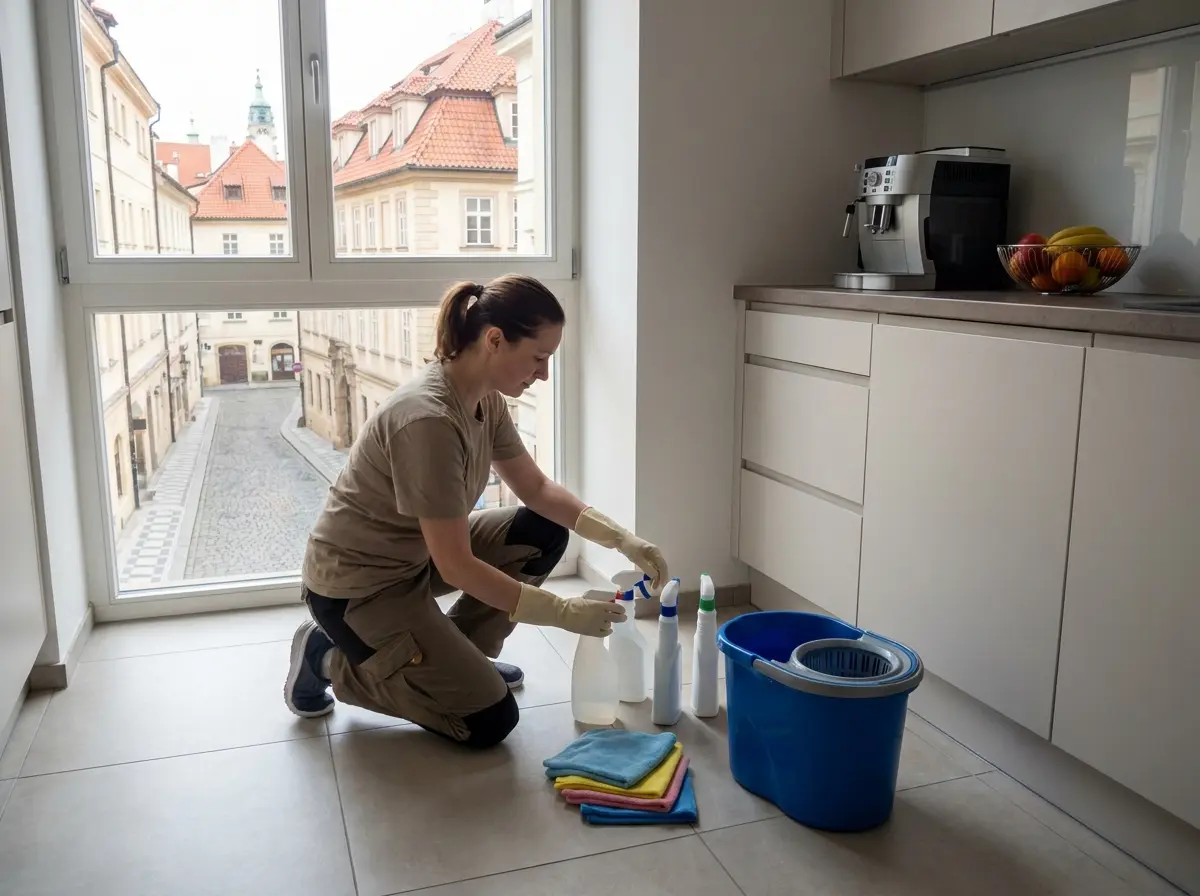 Uklízečka připravuje čisticí prostředky a plán práce v moderní kuchyni