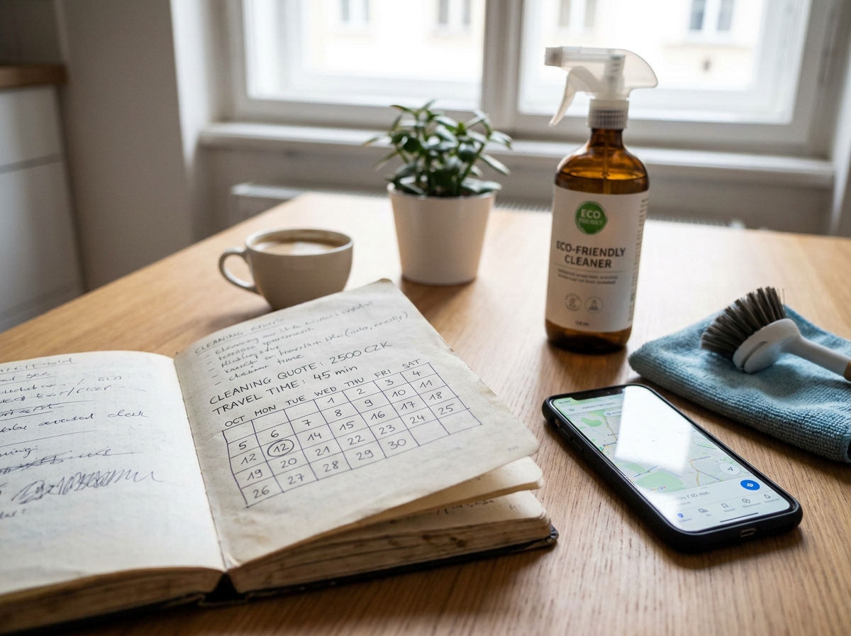 Plánování ceny úklidu nad poznámkami, časem a náklady