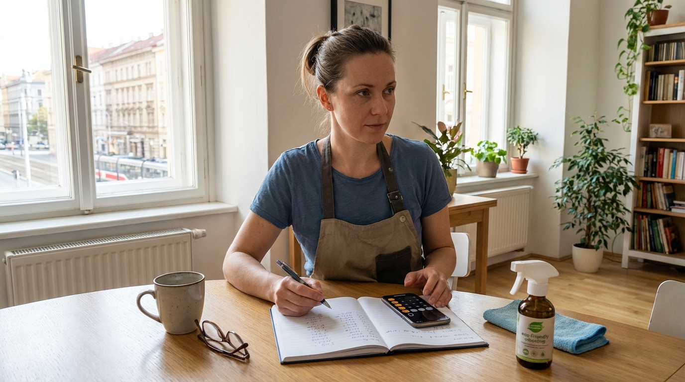 Jak nacenit úklidové služby v Česku Majitelka malé úklidové služby počítá nabídku v poznámkách
