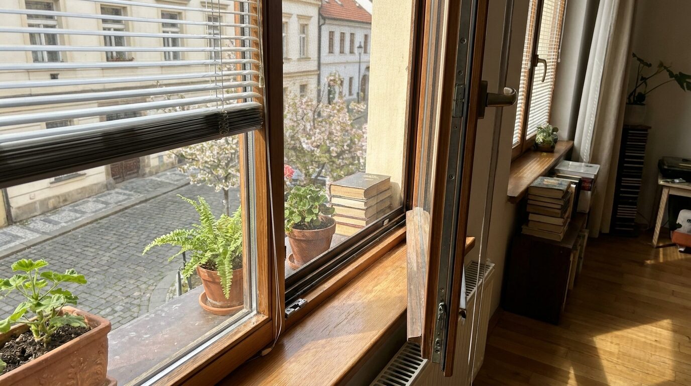Okno se žaluziemi, síťkou a rámem, kde se zachytává jemný pyl.