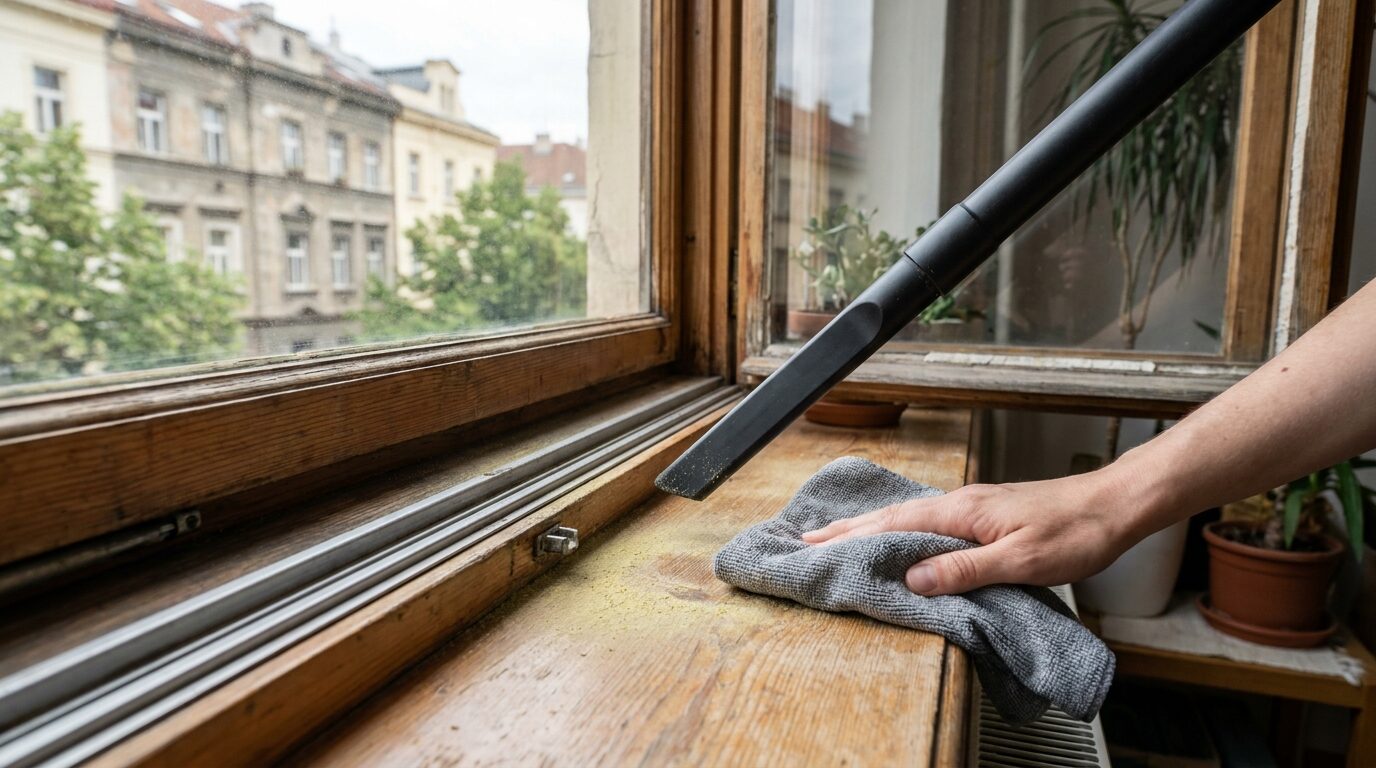 Vlhký hadřík z mikrovlákna a úzký nástavec vysavače při čištění pylu u okna.