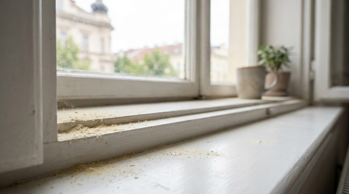 Detail parapetu a rámu okna s jemnou vrstvou pylu a prachu v rozích.