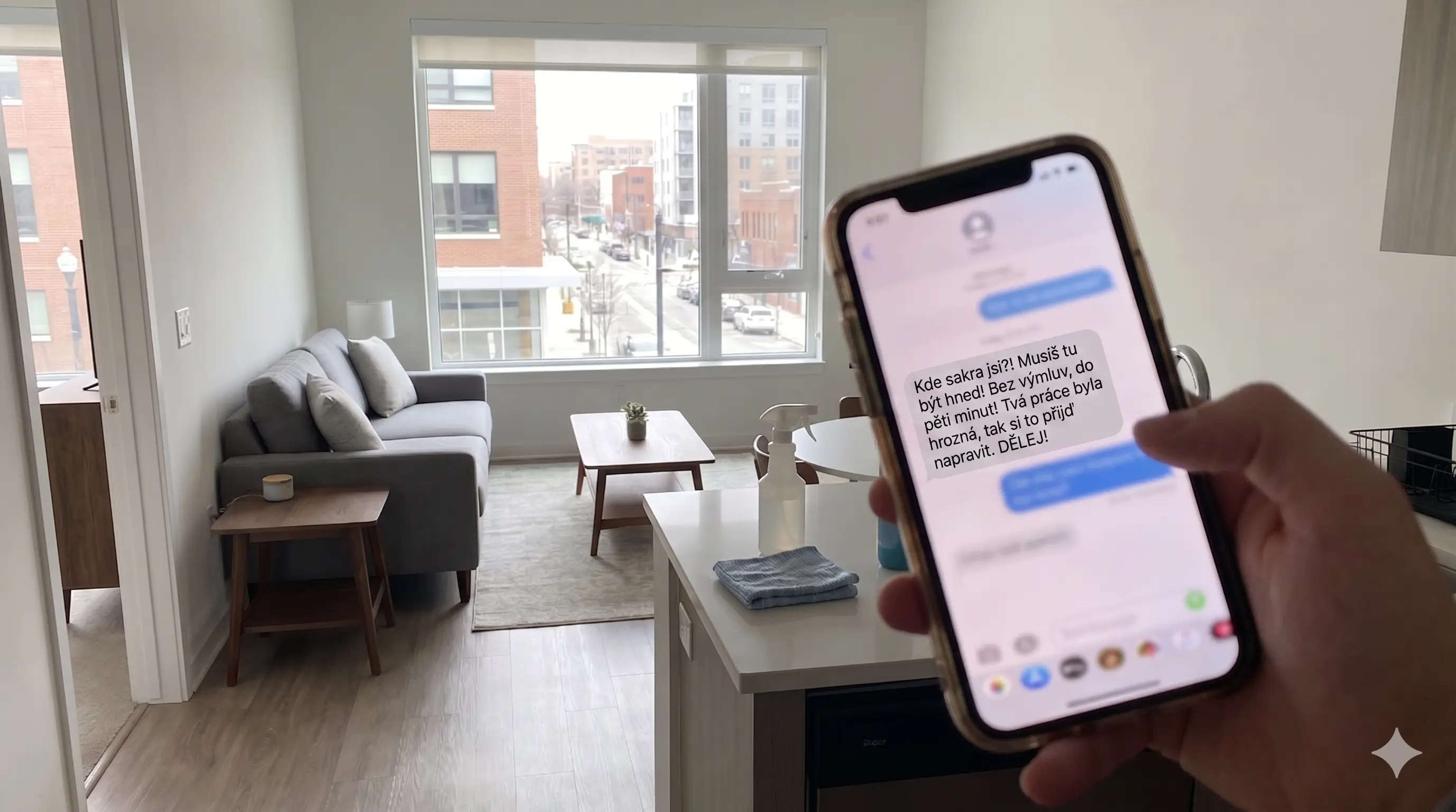 Paní na úklid mluví s novým klientem u dveří bytu