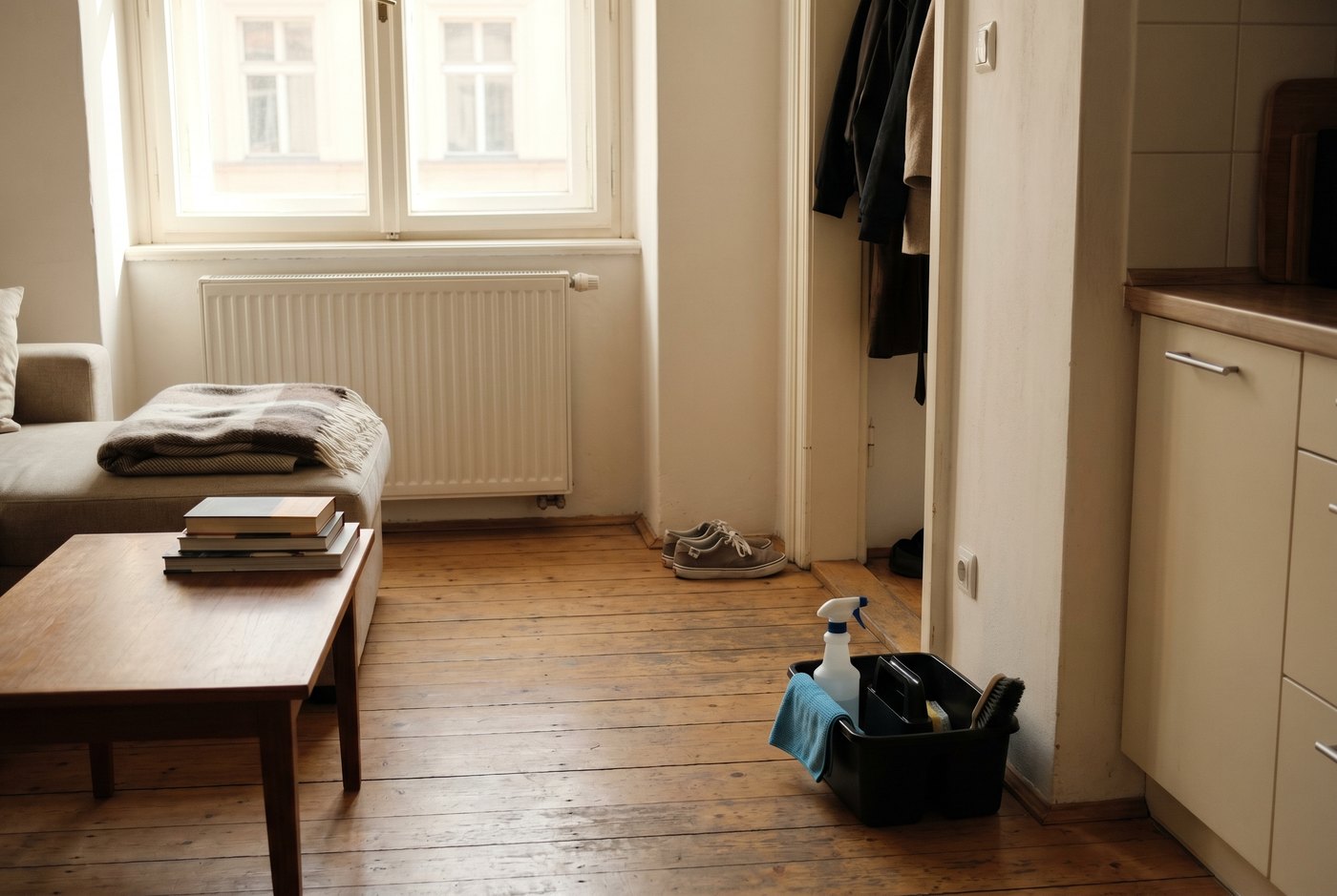 Teplý interiér pražského bytu připraveného na úklid s viditelným úklidovým košíkem.