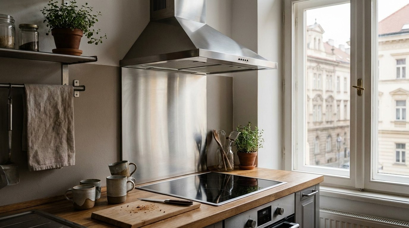 Světlá kuchyň s čistou nerezovou digestoří nad varnou deskou