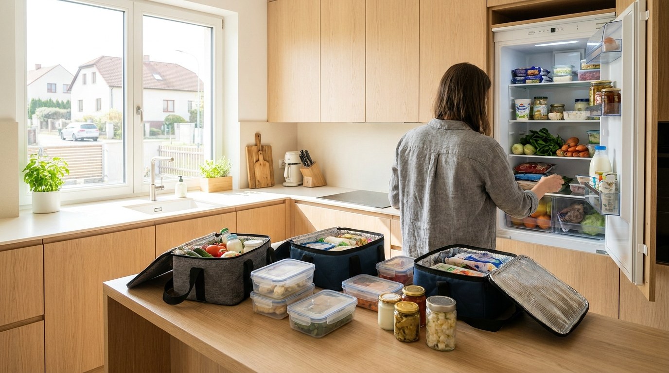 Člověk třídí obsah lednice do boxů a termo tašek na kuchyňské lince před čištěním spotřebiče.
